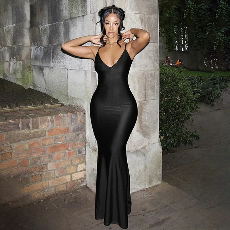 Weird Puss Hipster Backless Dress Women Sexy Low-Neck Sleeveless Pleats Skinny Stretch Midnight Prom Banquet Party Long Bodycon