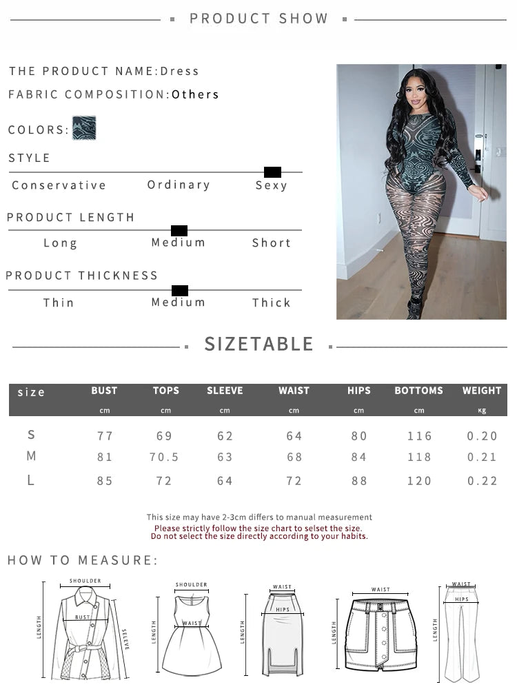 Sisterlinda Coquette Printed 2 Piece Set Stunning Mesh Full Sleeve Bodysuits+Sheer Skinny Pants Female Midnight Club Attirewear