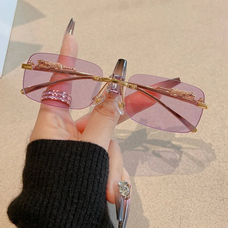 12pcs New Rimless Small Rectangle Sunglasses Fashion Y2K Frameless Sun Glasses Shades Leopard Decoration For Women Men UV400