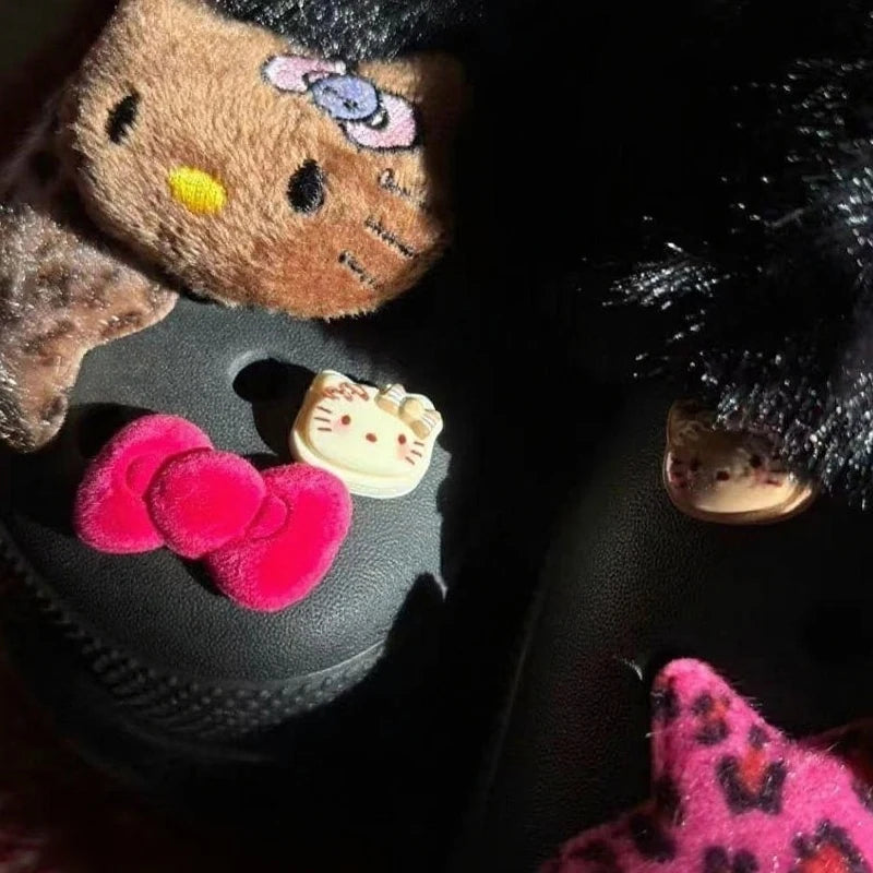 Y2k Leopard Print Star Bow Hello Kitty Hole Shoes Accessories Decoration Kawaii Japanese Cute Hello Kitty Shoe Flower Set  Gift