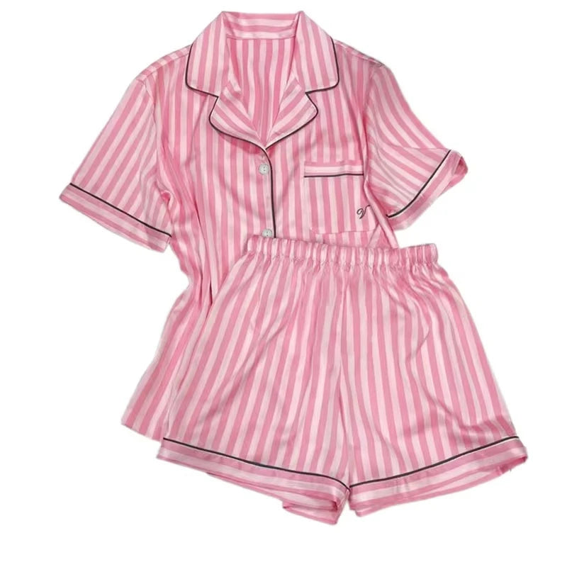 Large Size Women Pajamas Set Short-Sleeved Student Homewear Two-Piece Cardigan Lapel Senior Sense of Striped Short-Sleeved Short