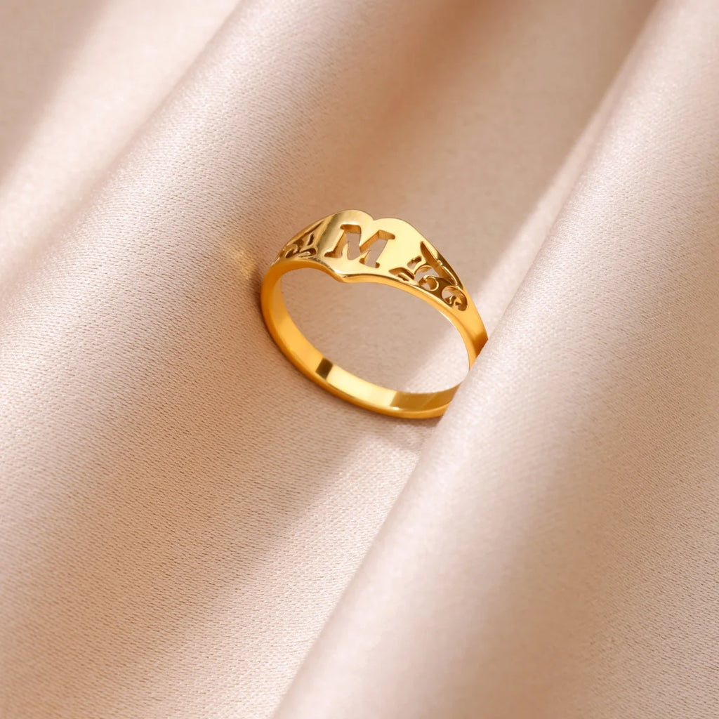 Initial A-Z Letter Rings For Women Gold Color Stainless Steel Heart Alphabet Name Finger Ring Punk Birthday Jewelry Gift Femme