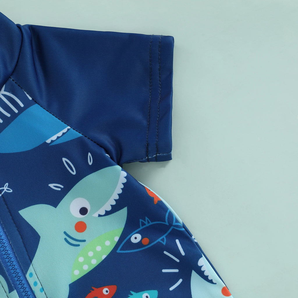 BeQeuewll Toddler Boys Summer Swimming Suit Kids Rash Guard Swimsuit Shark Print Zipper Short Sleeve Kids Bathing Suit with Cap