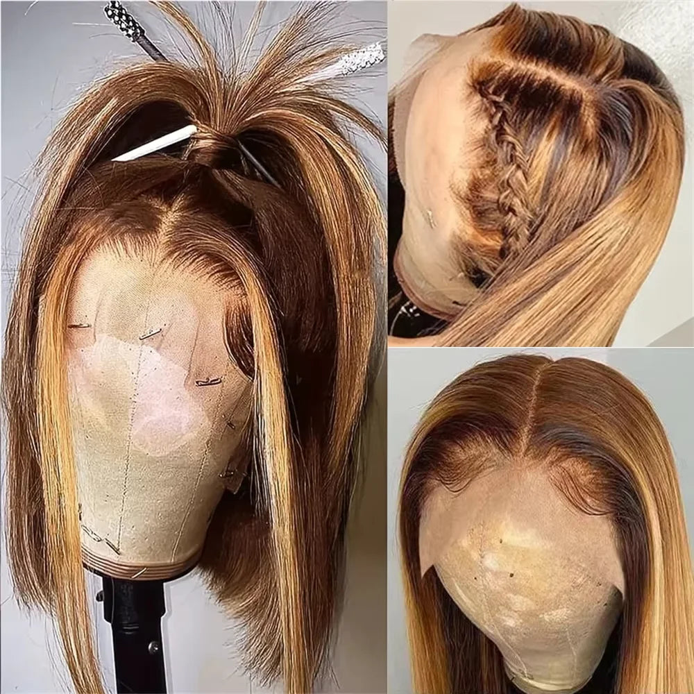 200% Density Short Bob Wigs Highlight Straight Lace Front Wigs Blonde 13x4 Transparent Lace Front Wig 100% Human Hair 427#16Inc