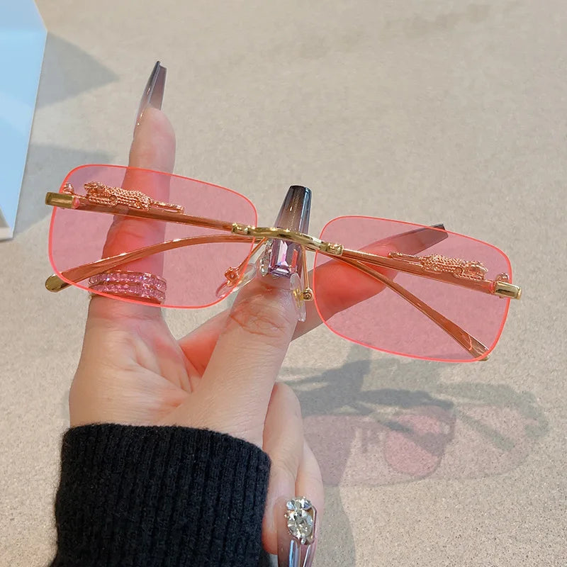 12pcs New Rimless Small Rectangle Sunglasses Fashion Y2K Frameless Sun Glasses Shades Leopard Decoration For Women Men UV400