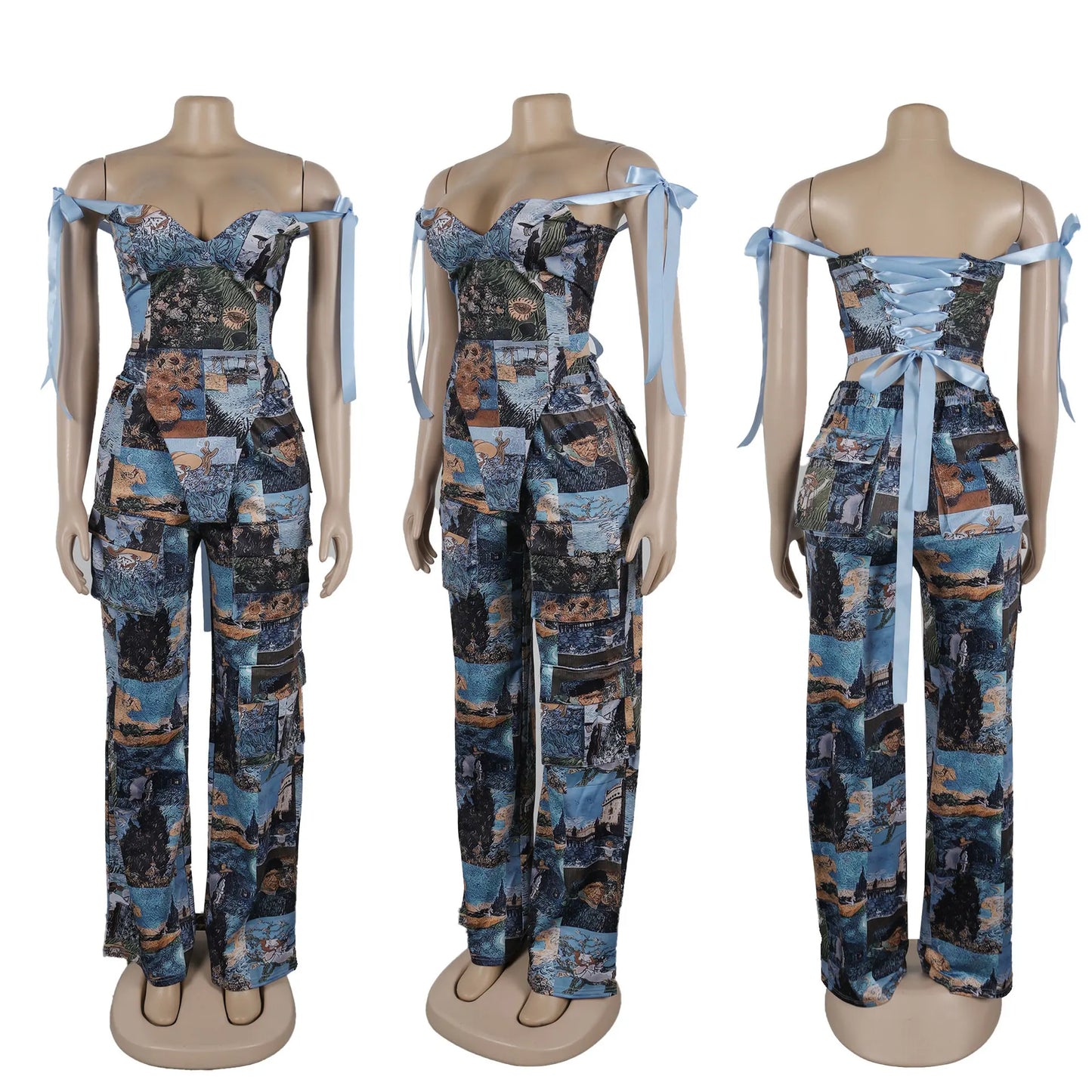 Oil Painting Printed Women's Set Lace Up Back Crop Top and Pants Suit 2025 Fall Winter Two 2 Piece Sets Outfit Tracksuit