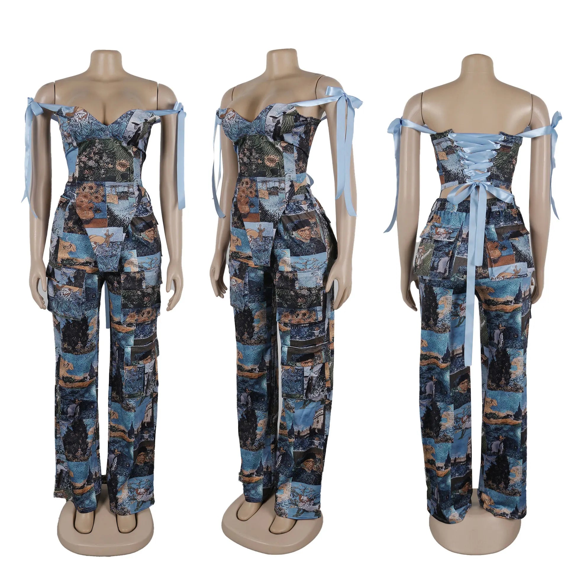 Oil Painting Printed Women's Set Lace Up Back Crop Top and Pants Suit 2025 Fall Winter Two 2 Piece Sets Outfit Tracksuit