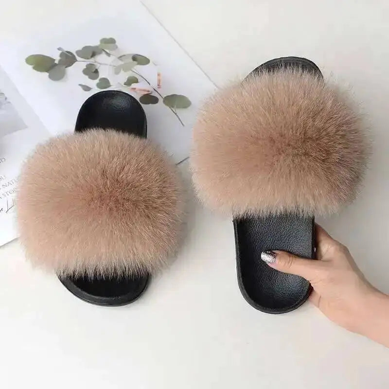 Ladies Real Fox Fur Slippers Summer Female Slides New Fuzzy Indoor Home Flats Women Cute Sandals Outdoor Beach Shoes Flip Flops