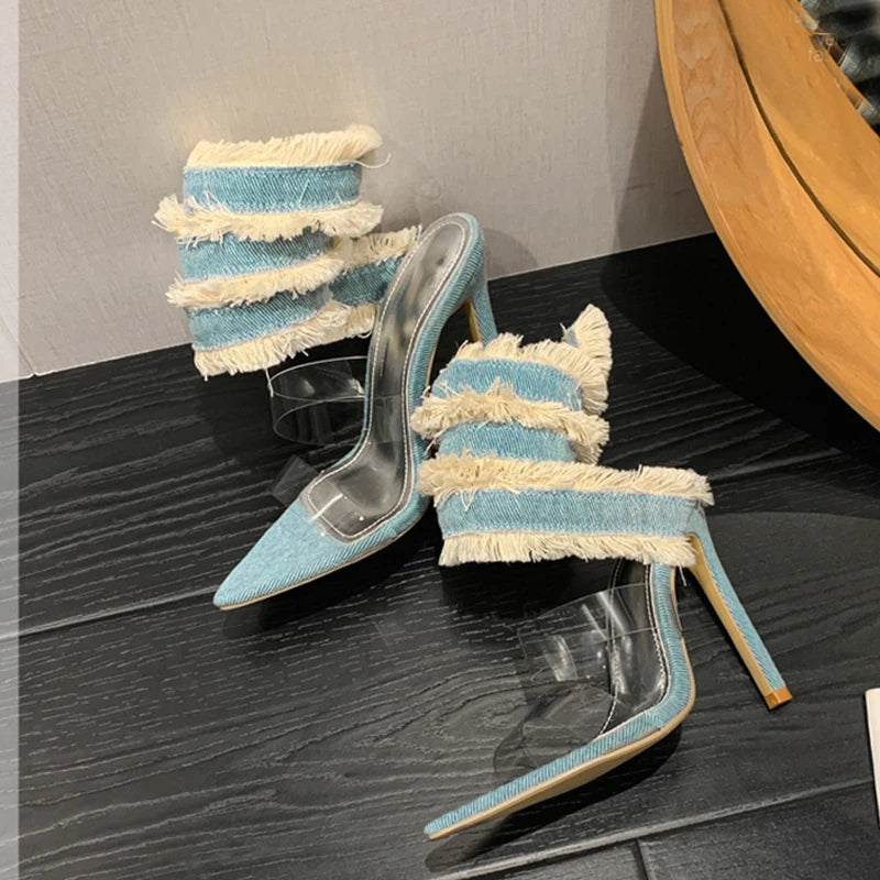 Denim Ankle Snake Strap Clear Heel Sandals