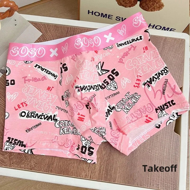 Trendy Pink Cotton Boxer Shorts for Men Cute Cartoon Design Bagged Four Corner Briefs Comfortable Breathable Men's Underwear