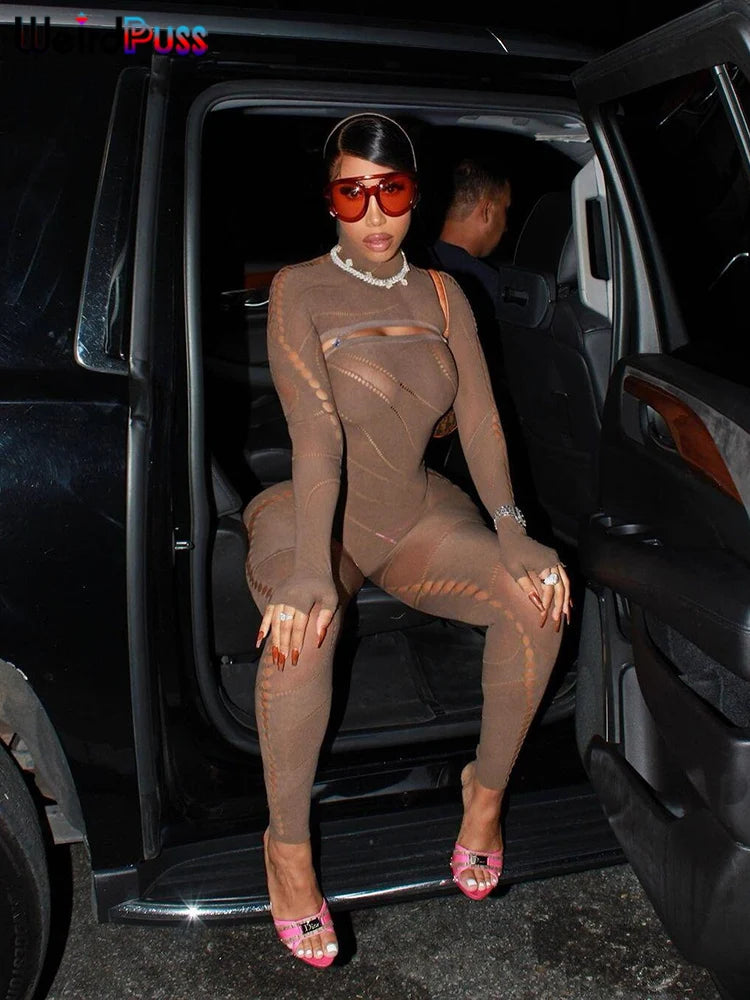 Weird Puss Hoodies See Through Fitness Jumpsuits Women Sexy Hipster Mesh Hollow Irregular Activity Stretch Workout Overalls