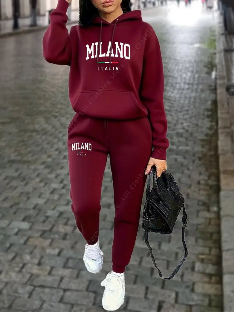 MILANO Pants Sets for Women Clothing High quality Sweatshirt Sweatpant Hoodie Suit 2 Piece Autumn Winter Outfits Woman Tracksuit