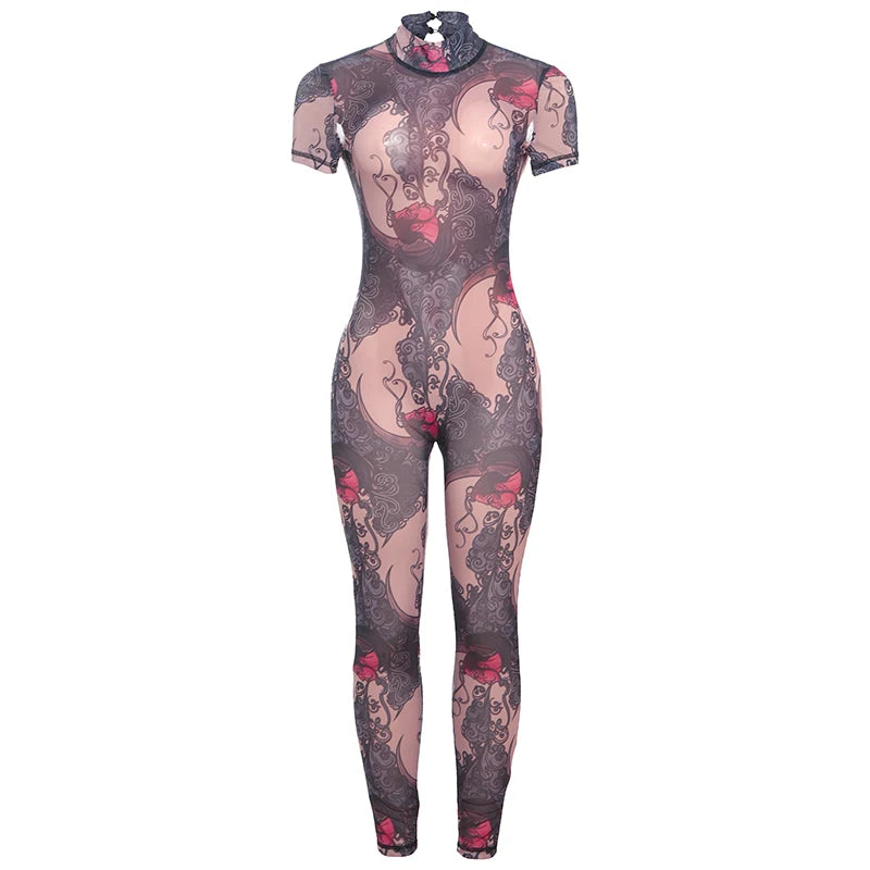 Nibber Colorful Print Jumpsuit Women Mesh  See Through Coquette Summer Backless Peach Buttocks Tight Activity Clubwear Overalls