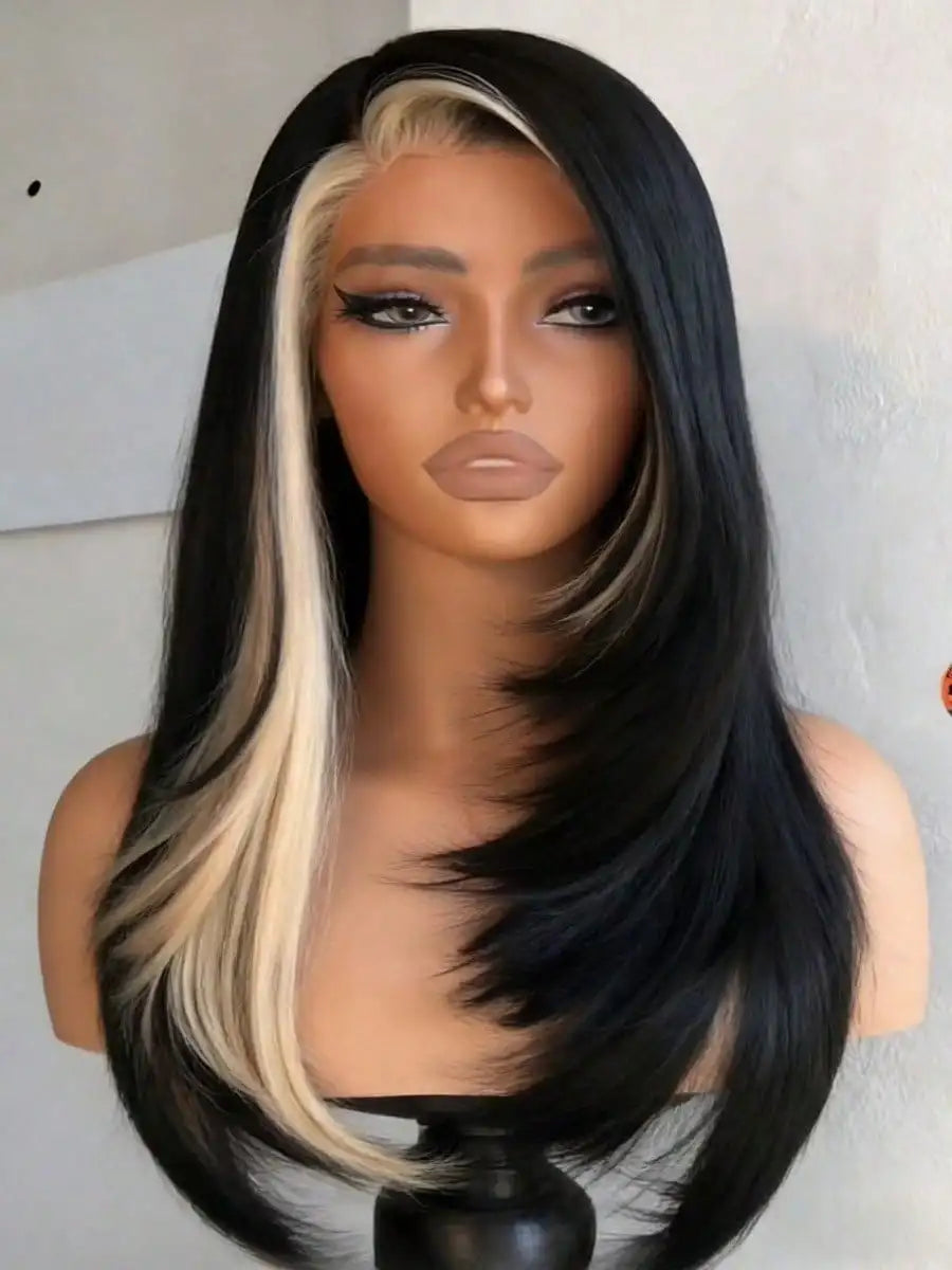 Highlight White Bone Straight 13x4 HD Transparent Lace Front Wig Black and White Glueless Human Hair for Women 200% Density