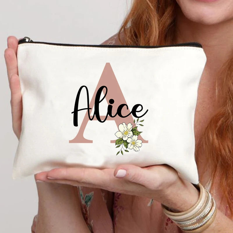 Floral Letters Custom Name Makeup Bag Best Gift for Bridesmaid Teachers Friends Women Purse Personalise Gift for Birthday