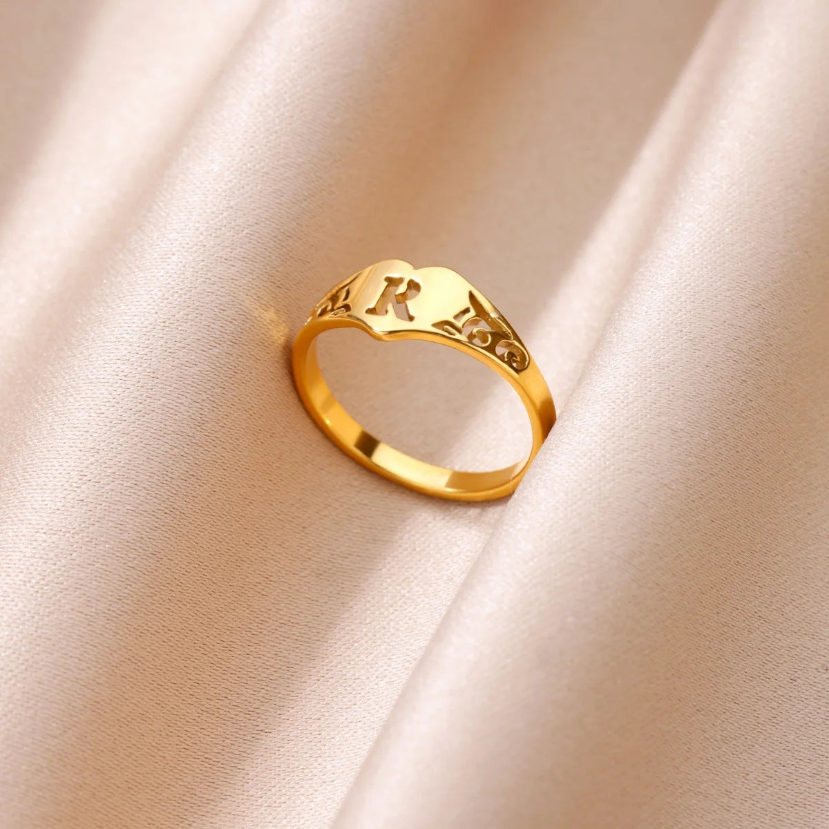 26 English Hollow Letter Initial Heart Open Rings For Women Gold Color Adjustable Stainless Steel Ring Wedding Fashion Jewelry