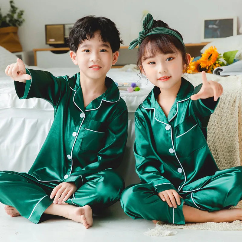 Children's Clothing Teen Girl Pink Satin Pajamas Long Sleeve Kids Homewear Clothes Boys Solid Nightshirt Silk Pijamas Baby Pjs