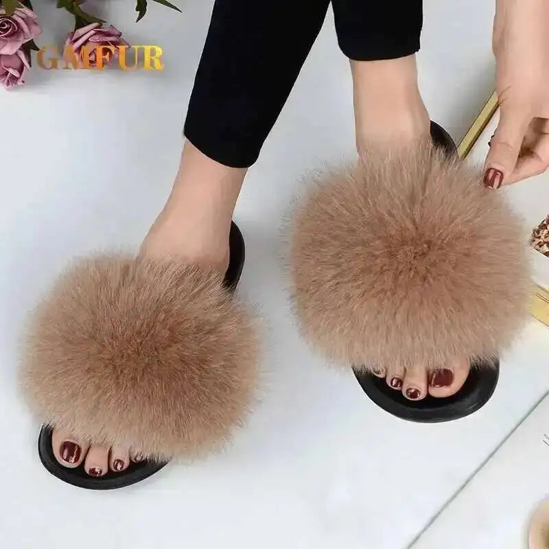 Ladies Real Fox Fur Slippers Summer Female Slides New Fuzzy Indoor Home Flats Women Cute Sandals Outdoor Beach Shoes Flip Flops