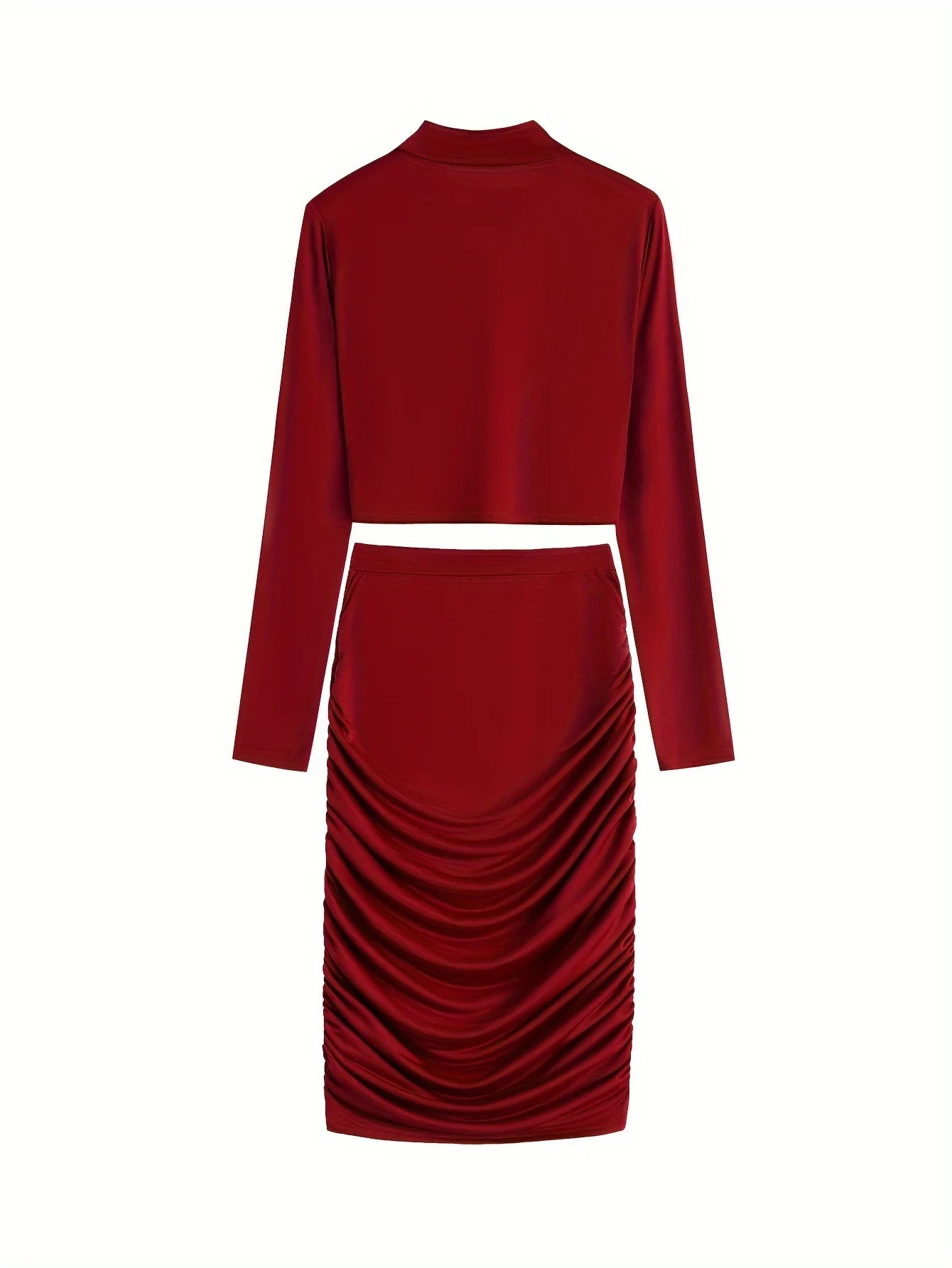 Sexy Bodycon 2pcs Set Long Sleeve Crop Top & High Waist Ruched Skirt Women's Clothing