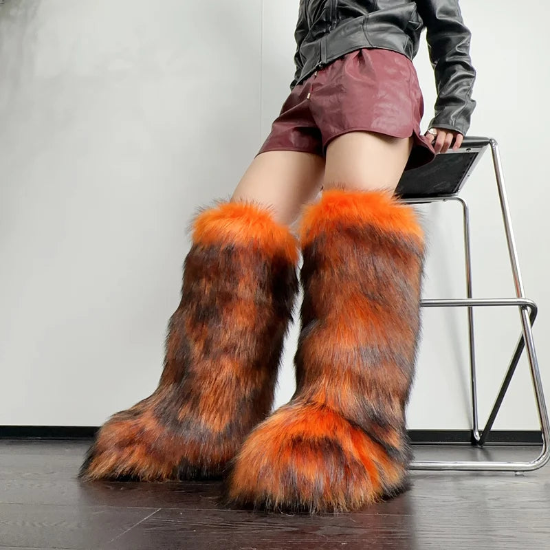 Womens Knee High Fuzzy Faux Fur Boots - Soft, Warm, and Comfortable Slip-on Design Furry Boots For Fall Winter