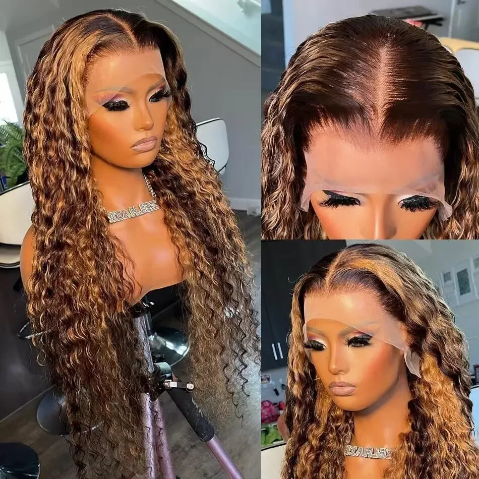 Brown Water Wave Lace Front Wig Highlight Ombre Glueless Deep Wave 13X4 Lace Curly Human Hair Wigs 13x6 HD Lace Frontal Wigs