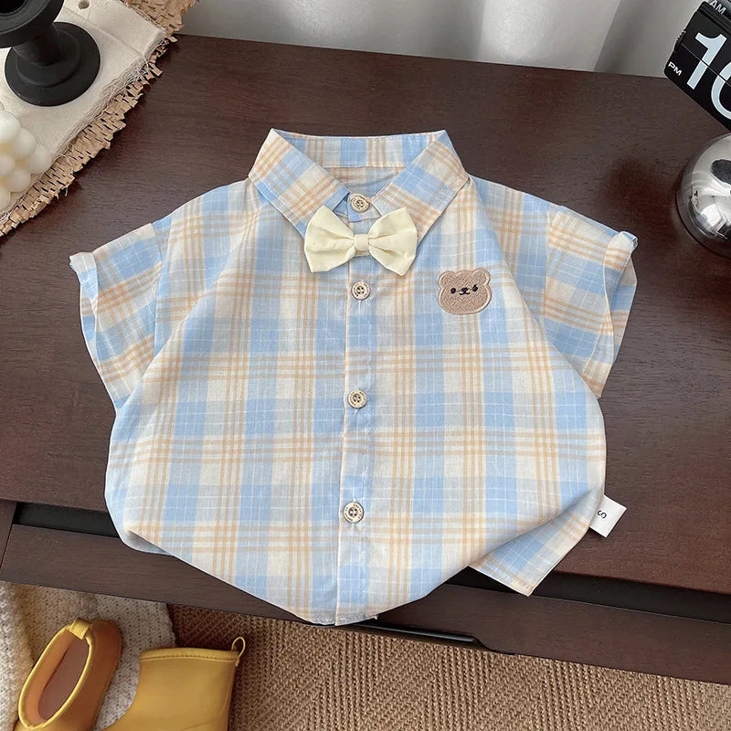 Boy's Summer Ssuit New Children's Short-sleeved Fresh Plaid Fashion Baby Green Gentleman Suit Handsome Korean Version Clothes