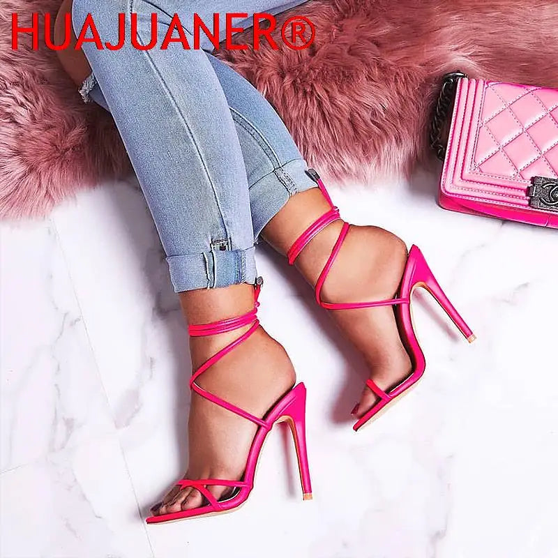 European Summer Sandals Candy Color Point Toe Lace Ankle Strap Party High Heels Pumps 11.5cm High Thin Heel Sandals Lady