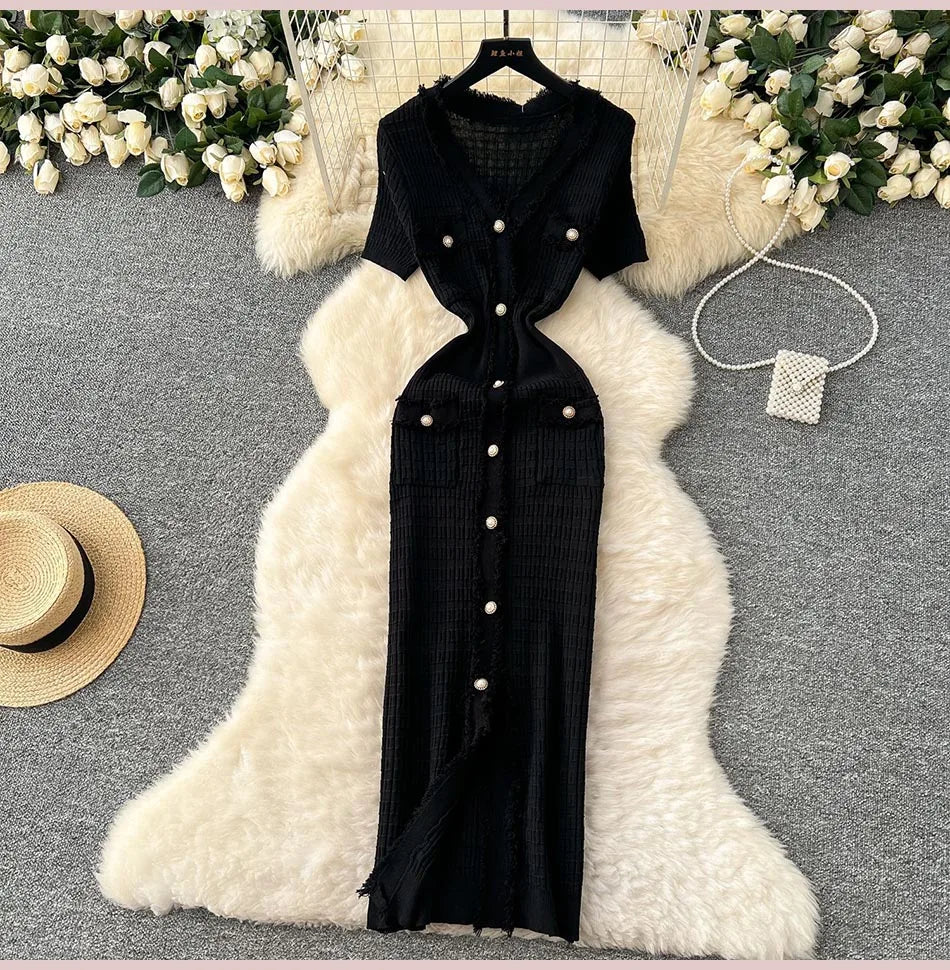 2025 New Arrival Women Knitted Long Dress Elegant V-neck Single-breasted Split Sweater Dress Office Lady Vestidos