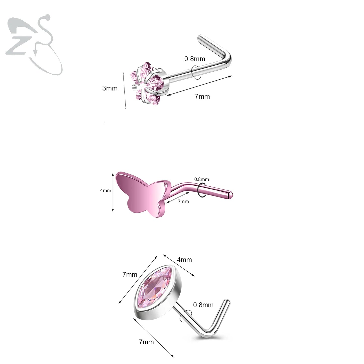 ZS 3pcs/lot 20G Stainless Steel Nose Stud Set Moon Heart Butterfly Crystal Nose Piercing Screw L Shape Nostril Piercing Jewelry