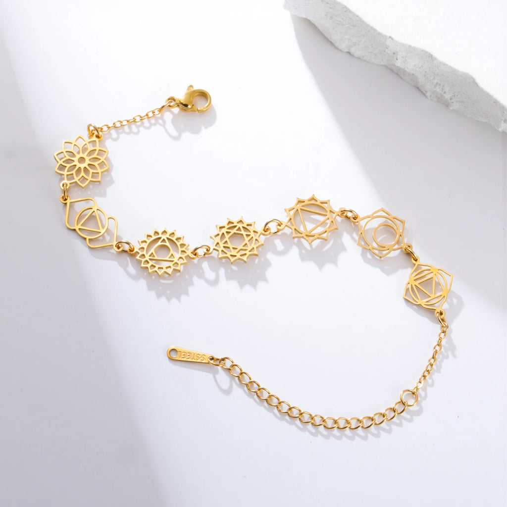 Cazador Yoga 7 Chakra Flower Charms Women's Bracelets Stainless Steel Gold Color Jewelry Hand Bracelet Meditation Amulet Gifts