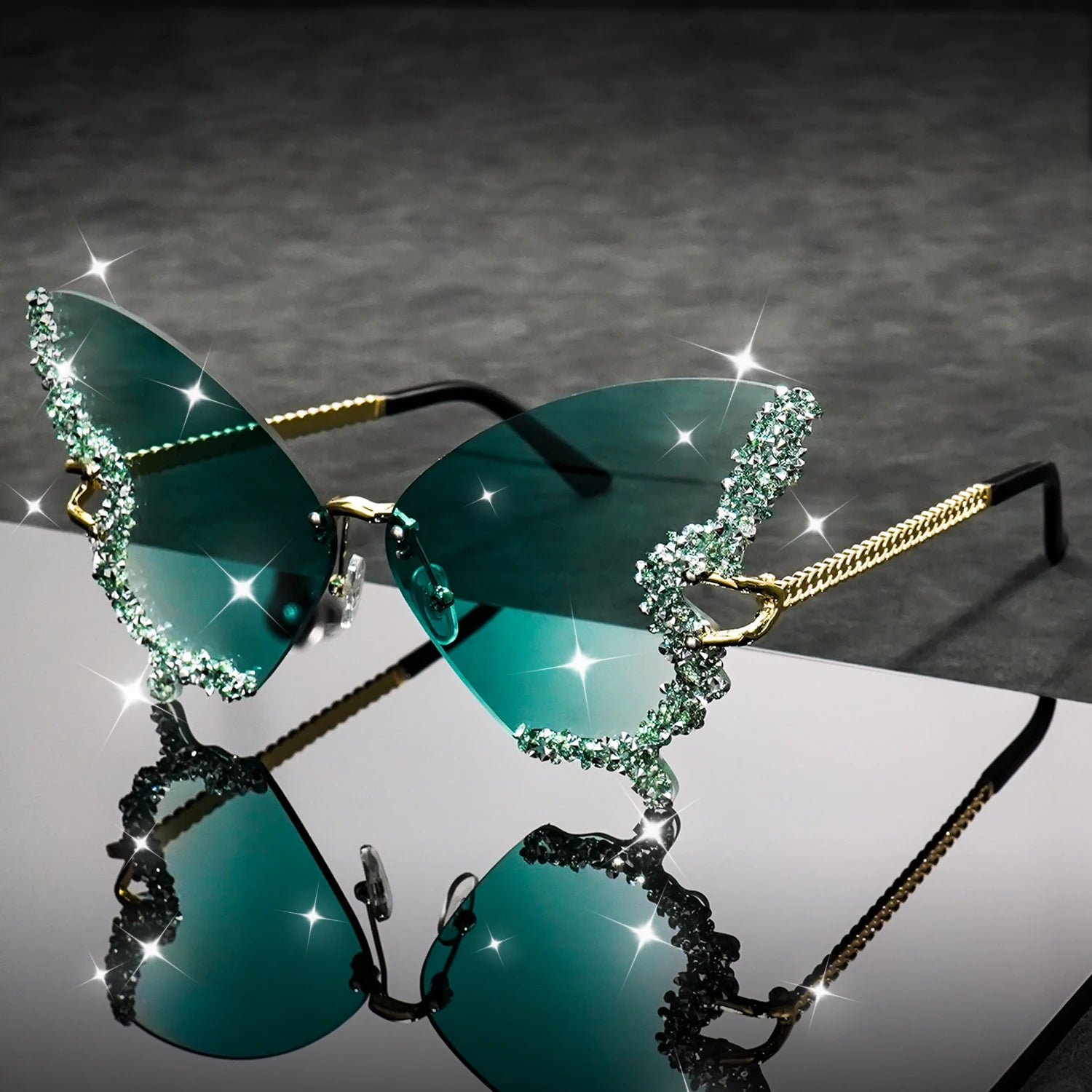 Butterfly Rimless Fashion Sunglasses for Women Men Bling Rhinestone Gradient Decorative Glasses for Costume Party