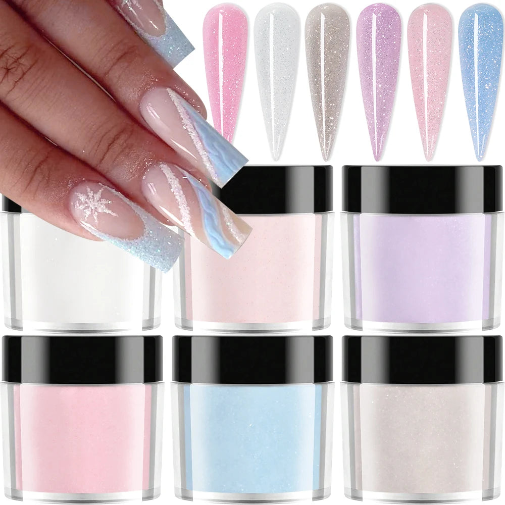 6Jars Glitter Nude Acrylic Nail Powder Set Pink Blue Glitter Acrylic Powder for Nail Extension French Manicure Nail Carving Tool