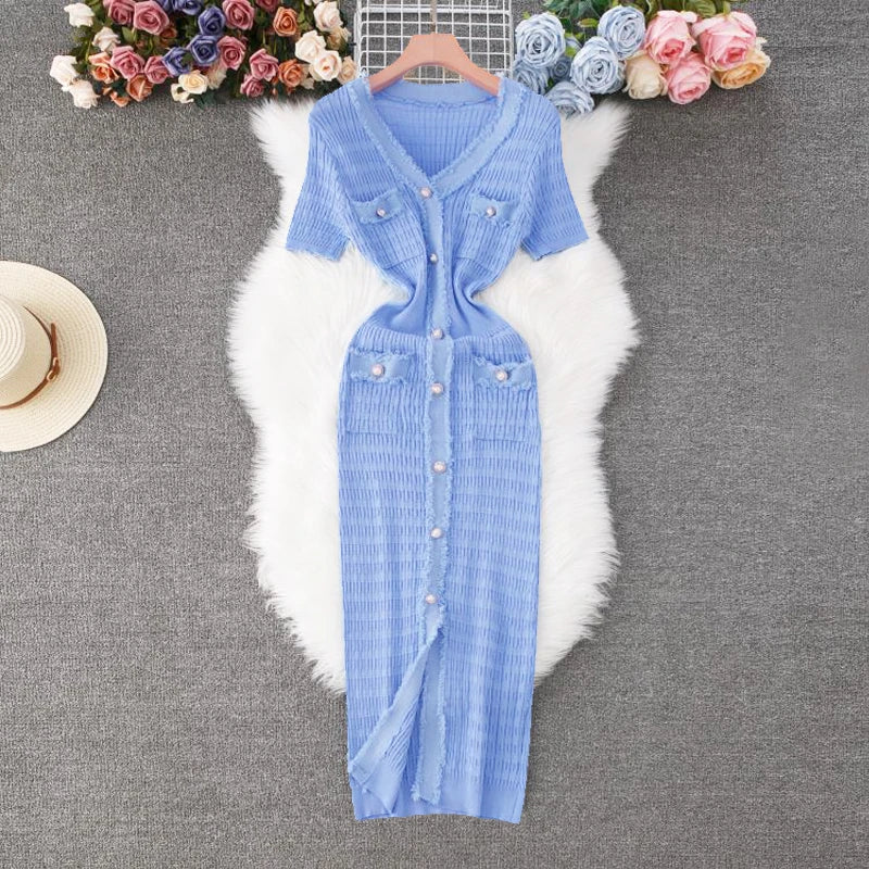 2025 New Arrival Women Knitted Long Dress Elegant V-neck Single-breasted Split Sweater Dress Office Lady Vestidos