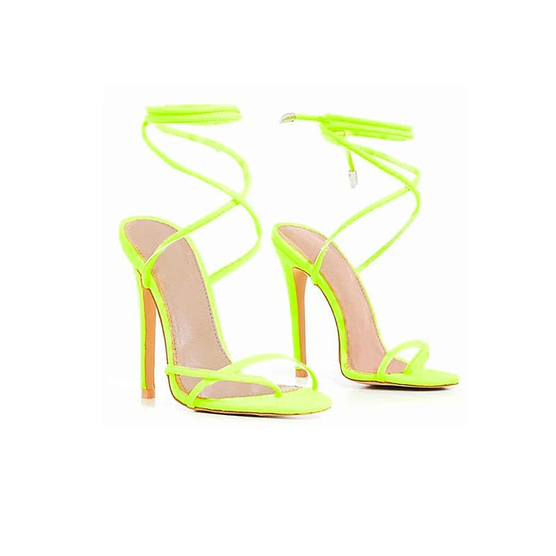 European Summer Sandals Candy Color Point Toe Lace Ankle Strap Party High Heels Pumps 11.5cm High Thin Heel Sandals Lady