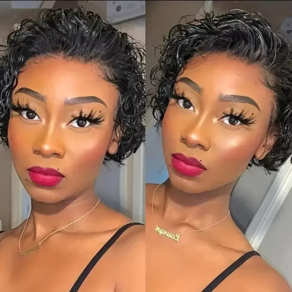 Pixie Cut Wigs Human Hair Short Curly Lace Front Human Hair Wigs Brazilian 13x1 Transparent Lace Wigs  Water Wave Bob Wig