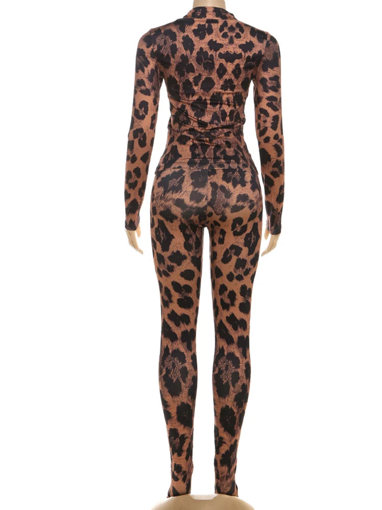 Kliou Leopard Print 2 Piece Set Woman Autumn Trend o-Neck Full Sleeve T-Shirts+Skinny Long Pants Street Fashion Wild Style Suits