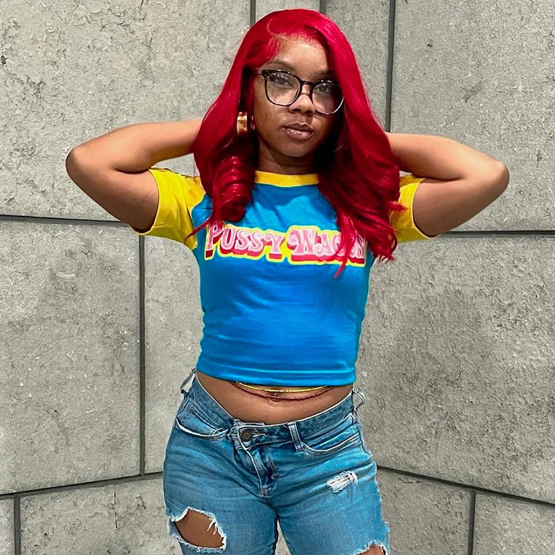 CUTENOVA Letter Printed Color Clashing Round Neck Pullover Spice Girls Short Halter Short Sleeve T-Shirt Tops For Y2K Girls Wear
