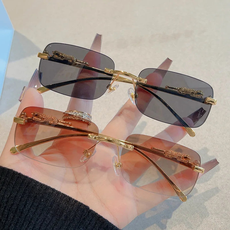 12pcs New Rimless Small Rectangle Sunglasses Fashion Y2K Frameless Sun Glasses Shades Leopard Decoration For Women Men UV400