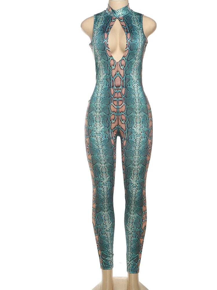 kliou Stunning Snake Print Women Jumpsuits Attractive Halter Stand Collar Hollow Backless Slim Overalls Female Midnight Clubwear