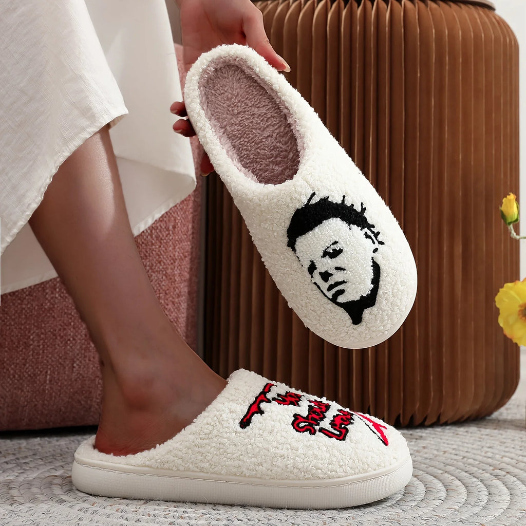 Halloween-themed plush slippers, featuring open-toe design for comfort and warmth, as well as  for indoor floor slippers