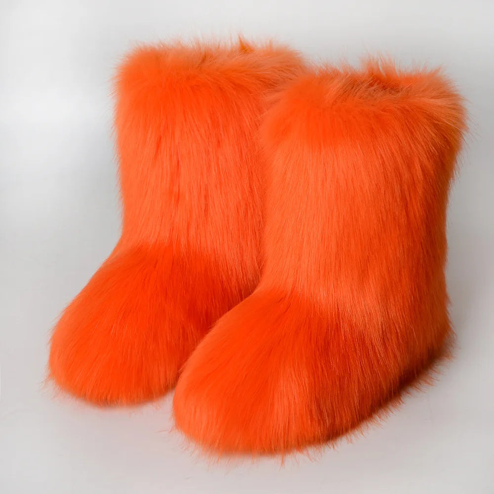 New Winter Fur Onepiece Raccoon Fur Female Snow Boots Fur Shoes Outdoor Mid Leg Boots