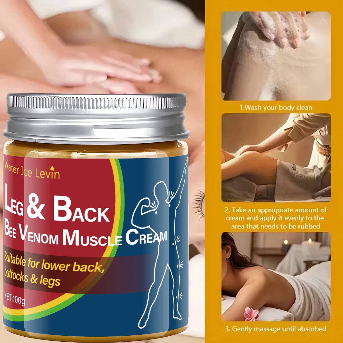 Leg & Back Bee Venom Muscle Cream for Lower Back, Buttocks & Legs - Moisturizing, Protective Formula for Elastic Skin.