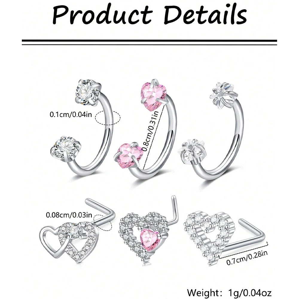 3pcs/Set Heart Horseshoe Nose Ring Nose Studs, Silver Gold Nose Ring, Stainless Steel Nose Piercing Jewelry For Women Man