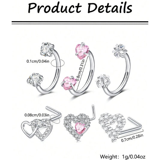 3pcs/Set Heart Horseshoe Nose Ring Nose Studs, Silver Gold Nose Ring, Stainless Steel Nose Piercing Jewelry For Women Man
