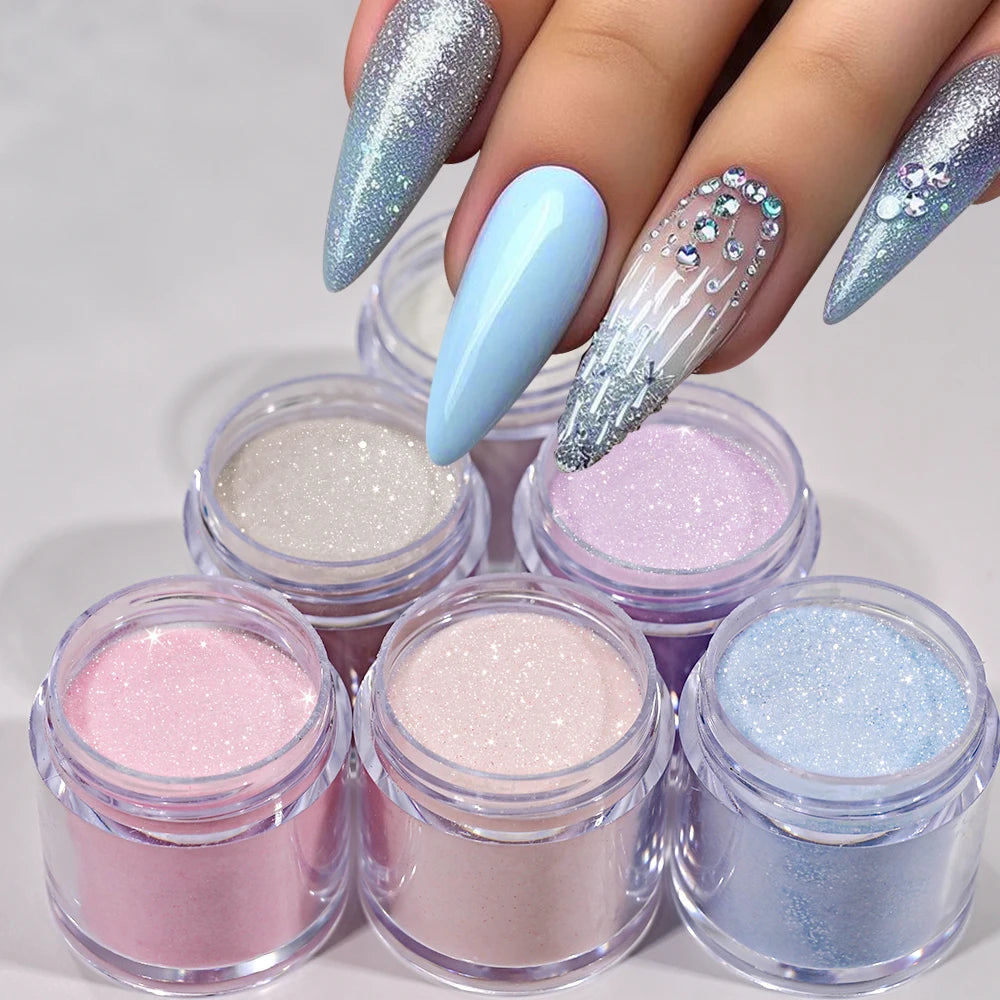 6Jars Glitter Nude Acrylic Nail Powder Set Pink Blue Glitter Acrylic Powder for Nail Extension French Manicure Nail Carving Tool