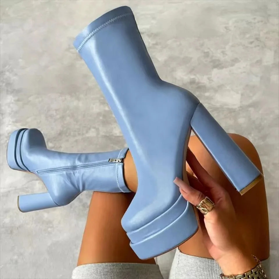 Luxury autumn/winter new double waterproof platform leather thick heel ankle boots women's large size high-heeled women's boots