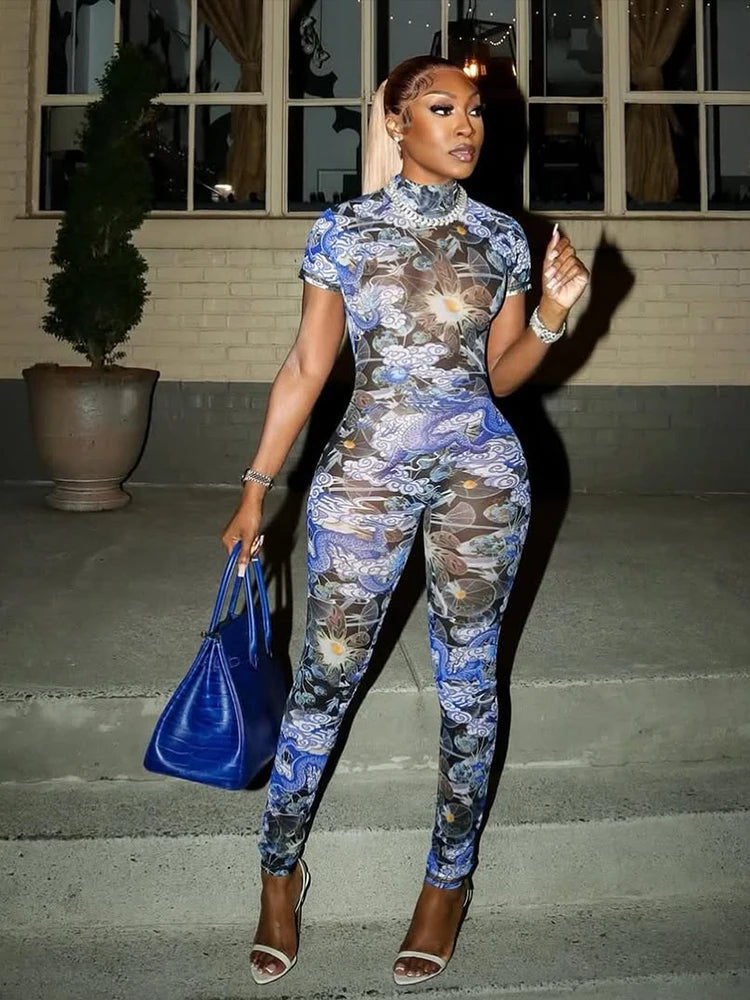 Nibber Colorful Print Jumpsuit Women Mesh  See Through Coquette Summer Backless Peach Buttocks Tight Activity Clubwear Overalls