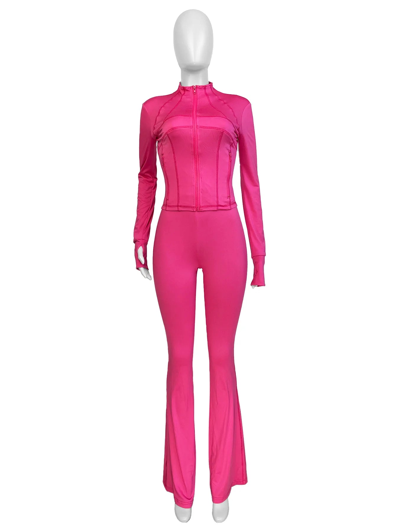 Pant Sets Two Piece Set Women Sexy Slim Fit Zipper Top Stand Collar Solid Sporty Casual Splice Flare Pants Elastic Waist
