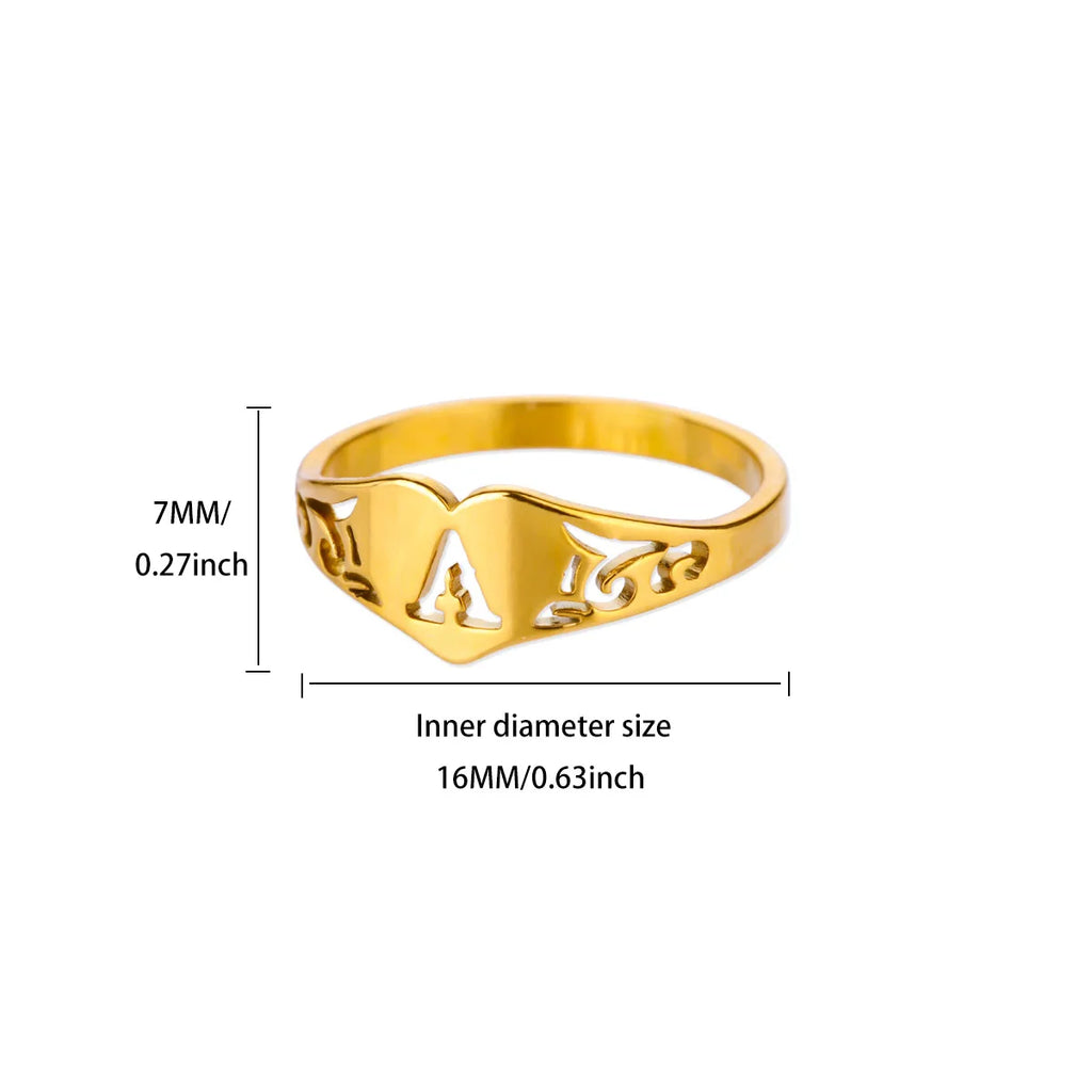 26 English Hollow Letter Initial Heart Open Rings For Women Gold Color Adjustable Stainless Steel Ring Wedding Fashion Jewelry