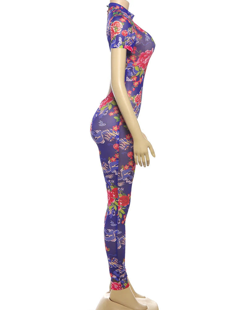kliou Aesthetic Printed Women Jumpsuits Fashion Sexy Panelled Short Sleeve Backless Stand Collar Slim Overalls Mujer Clubwear